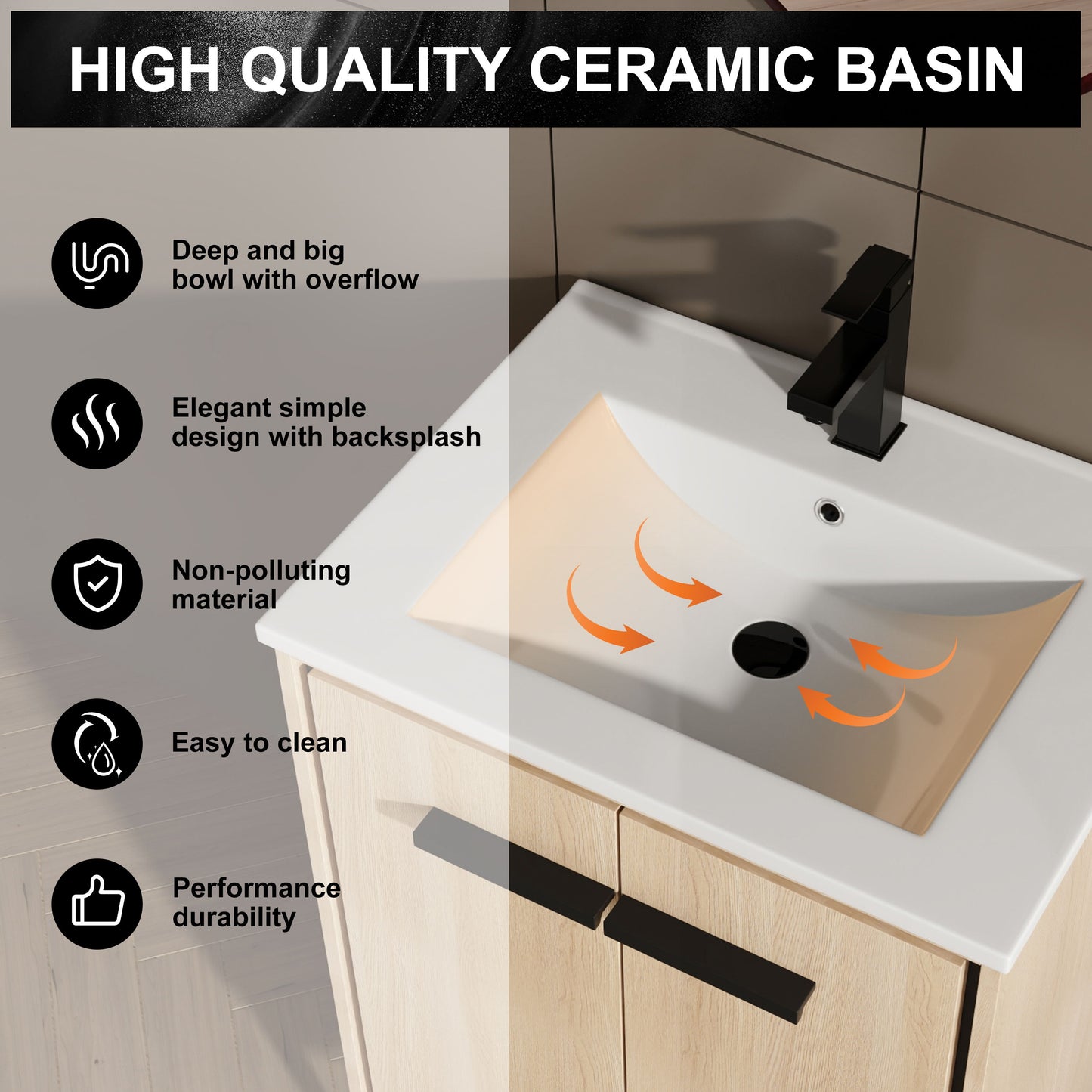 Modern 24" Bathroom Vanity Base With Basin And Storage Cabinet - Oak