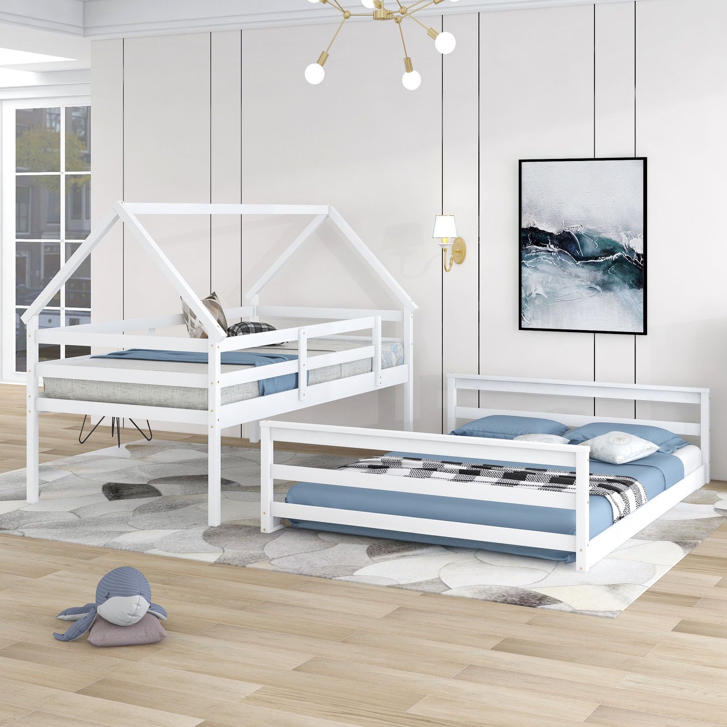 Twin Over Full House Bunk Bed With Built-In Ladder - White