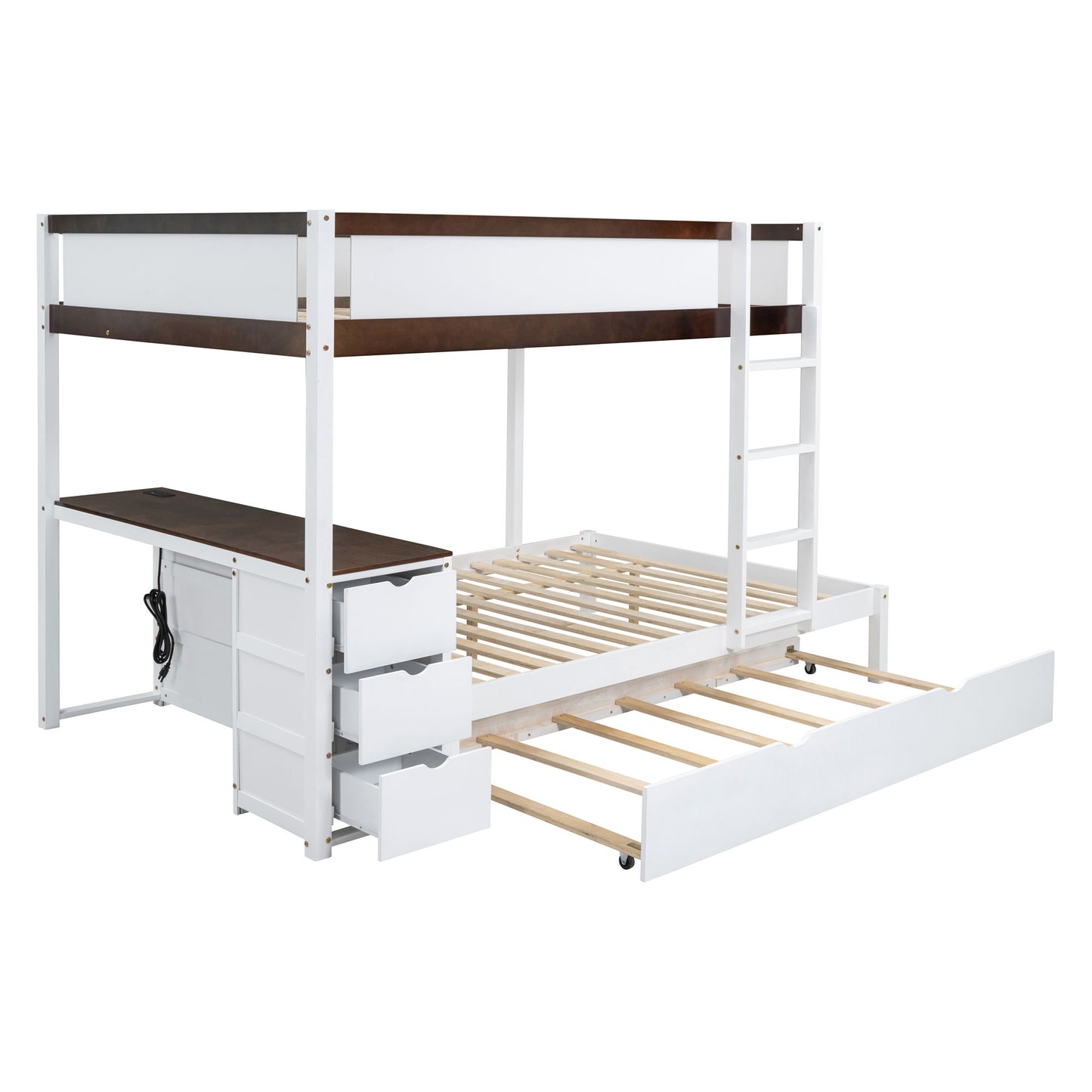 Full Over Full Bunk Bed With Twin Size Trundle, Storage And Desk - White / Walnut