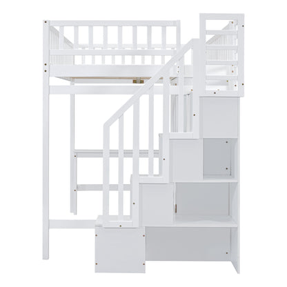 Full Size Loft Bed With Bookshelf, Drawers, Desk, And Wardrobe - White
