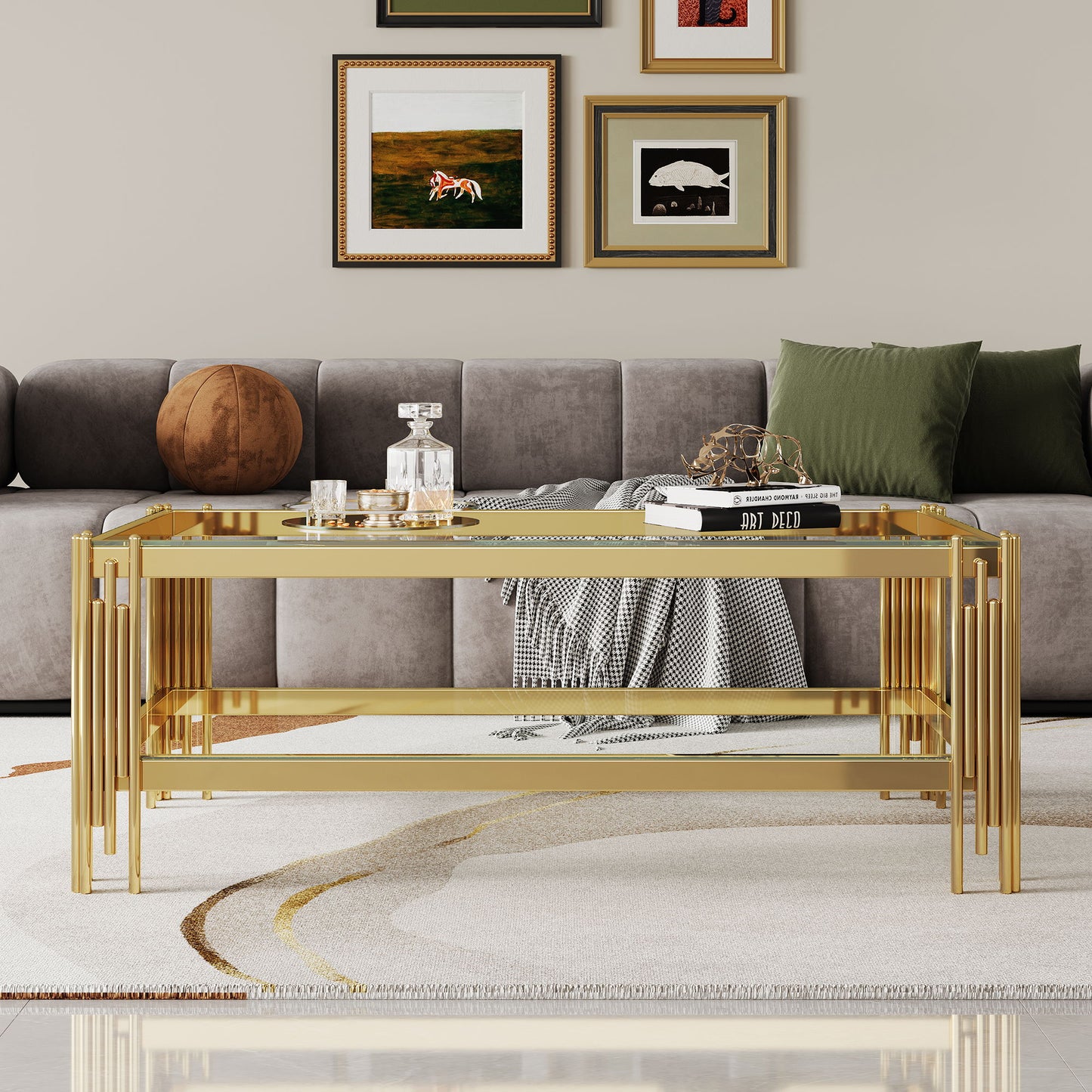 Top And Bottom Double Layer Tempered Glass Coffee Table And Mirror Finished Stainless Steel Frame - Gold