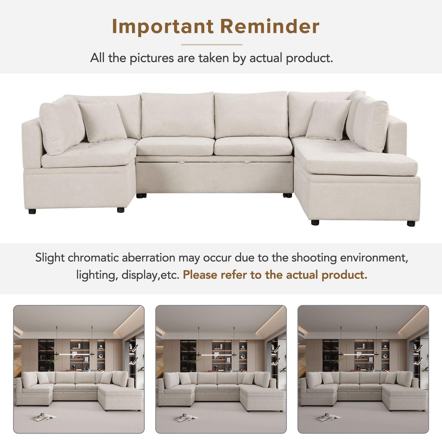 Oversized Sectional Sofa U-Shaped Sofa Couch Pull-Out Sofa Bed With Two Throw Pillows For Living Room - Beige