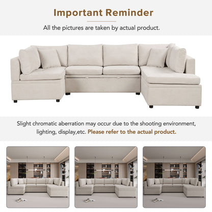 Oversized Sectional Sofa U-Shaped Sofa Couch Pull-Out Sofa Bed With Two Throw Pillows For Living Room - Beige