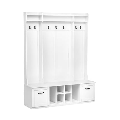 5 In 1 Entryway Bench With Coat Rack, 7 Sturdy Hooks, 2 Spacious Drawers And Adjustable Shelves, Wide Hall Tree With Metal Handles For Hallway - White