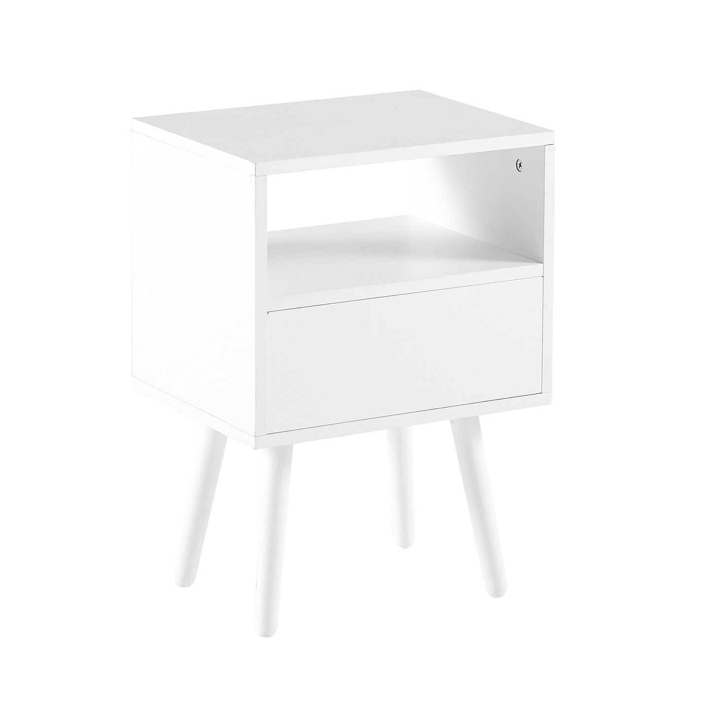 15.75" Rattan End Table With Drawer And Solid Wood Legs, Modern Nightstand, Side Table For Living Room, Bedroom - White