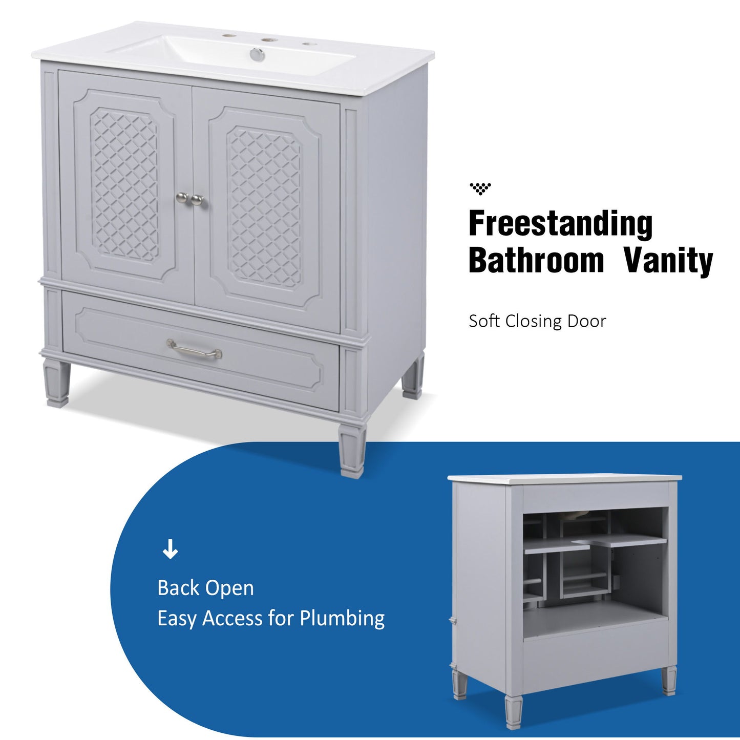 Vintage Style 30" Bathroom Vanity With Sink, Multi Functional Storage, Soft Closing Door - Gray