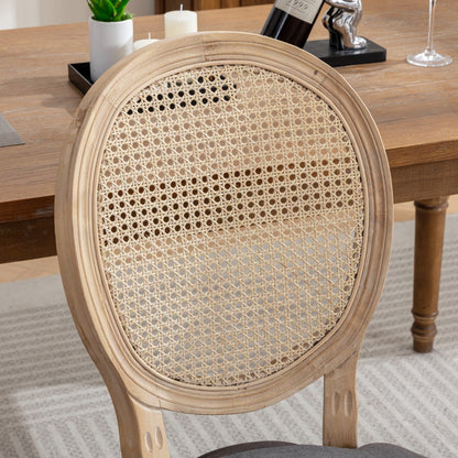 French Style Solid Wood Frame Antique Painting Linen Fabric Rattan Back Dining Chair (Set of 2) - Gray
