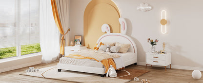 Full Size Upholstered Leather Platform Bed With Rabbit Ornament - White