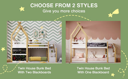 Twin Over Twin House Bunk Bed With White Storage Staircase And 2 Blackboards - White / Natural