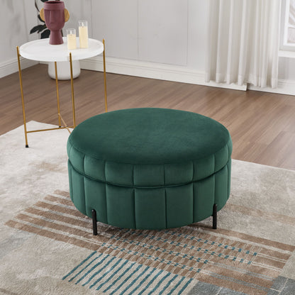 Upholstered Round Ottoman With Reversible Lid, Velvet Storage Stool, Channel Tufted Pumpkin Shape Footstool For Living Room, Bedroom And Office - Green