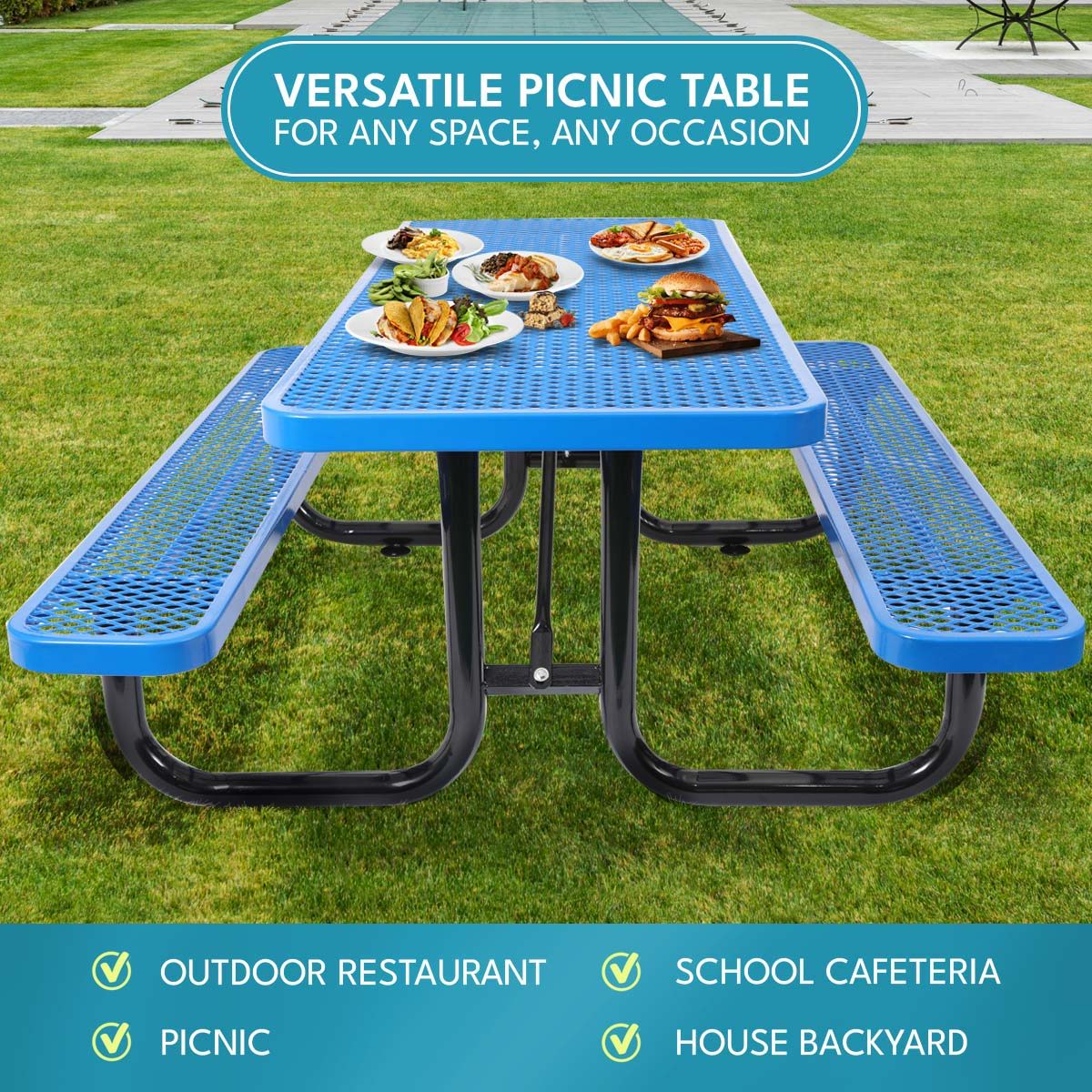 Outdoor Steel Picnic Rectangular Table With Umbrella Pole - Blue