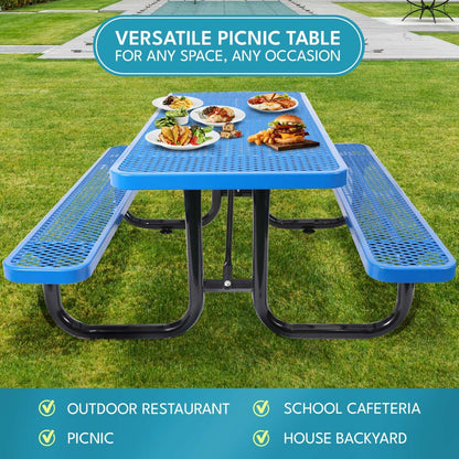 Outdoor Steel Picnic Rectangular Table With Umbrella Pole - Blue