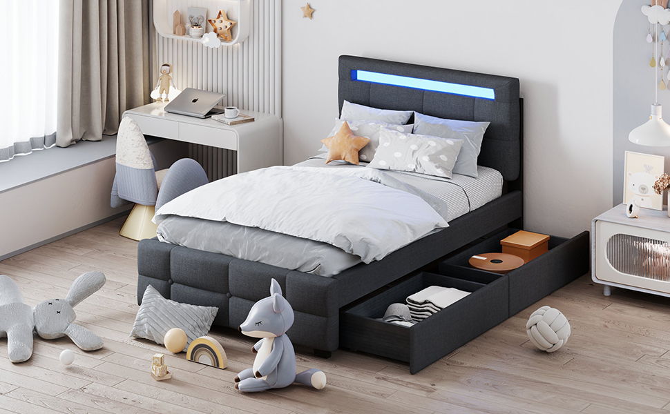 Twin Size Upholstered Platform Bed With LED Frame And 2 Drawers - Gray