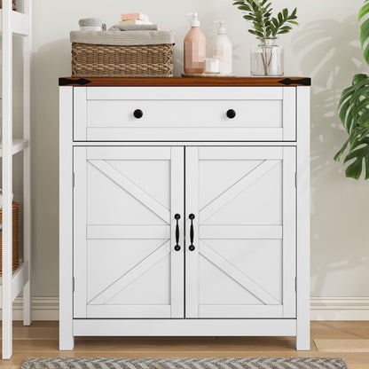 Farmhouse Storage Cabinet With Drawer And Adjustable Shelf Kitchen Cabinet With Walnut Countertop, Modern Coffee Bar Console Cabinet For Kitchen, Dining Room, Bathroom, Entryway - White