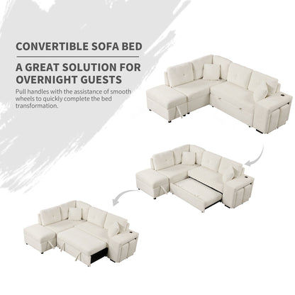 Convertible Sleeper, Sectional Pull Out Sofa Bed With Storage Ottoman, 2 Throw Pillows, 2 Stools, Wireless Charger And Two Hidden USB Ports For Living Room - Cream