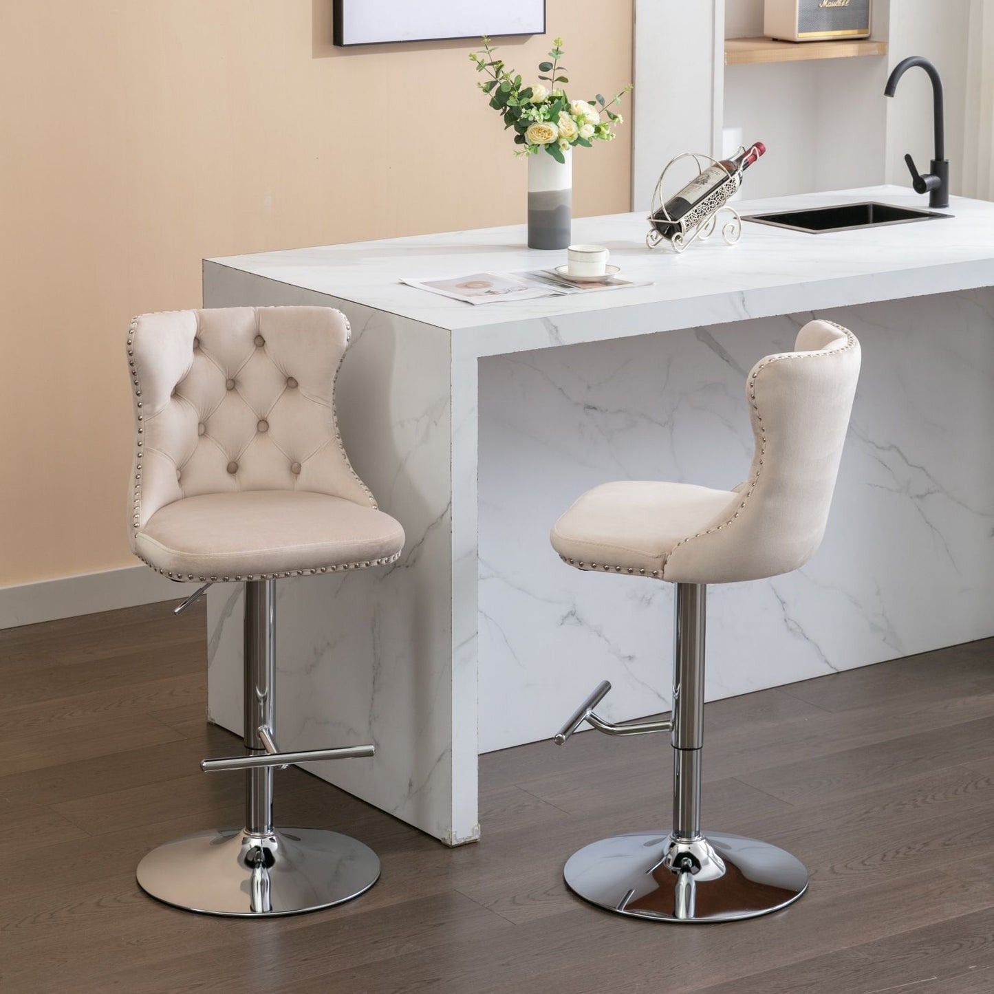 Swivel Velvet Barstools Adjusatble Seat Height From 25-33", Modern Upholstered Chrome Base Bar Stools With Backs Comfortable Tufted For Home Pub And Kitchen Island (Set of 2) - Beige
