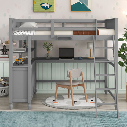 Full Size Loft Bed With Drawers And Desk With Shelves - Gray