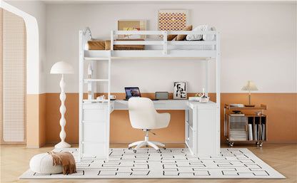 Full Loft Bed With U Shaped Desk, Storage Compartments And Tri Fold Mirror - White