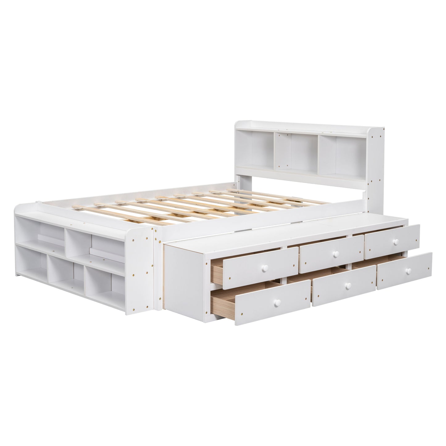 Full Bed With Bookcase Headboard, Under Bed Storage Drawers And Bed End Storage Case - White