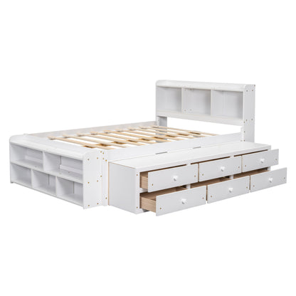 Full Bed With Bookcase Headboard, Under Bed Storage Drawers And Bed End Storage Case - White