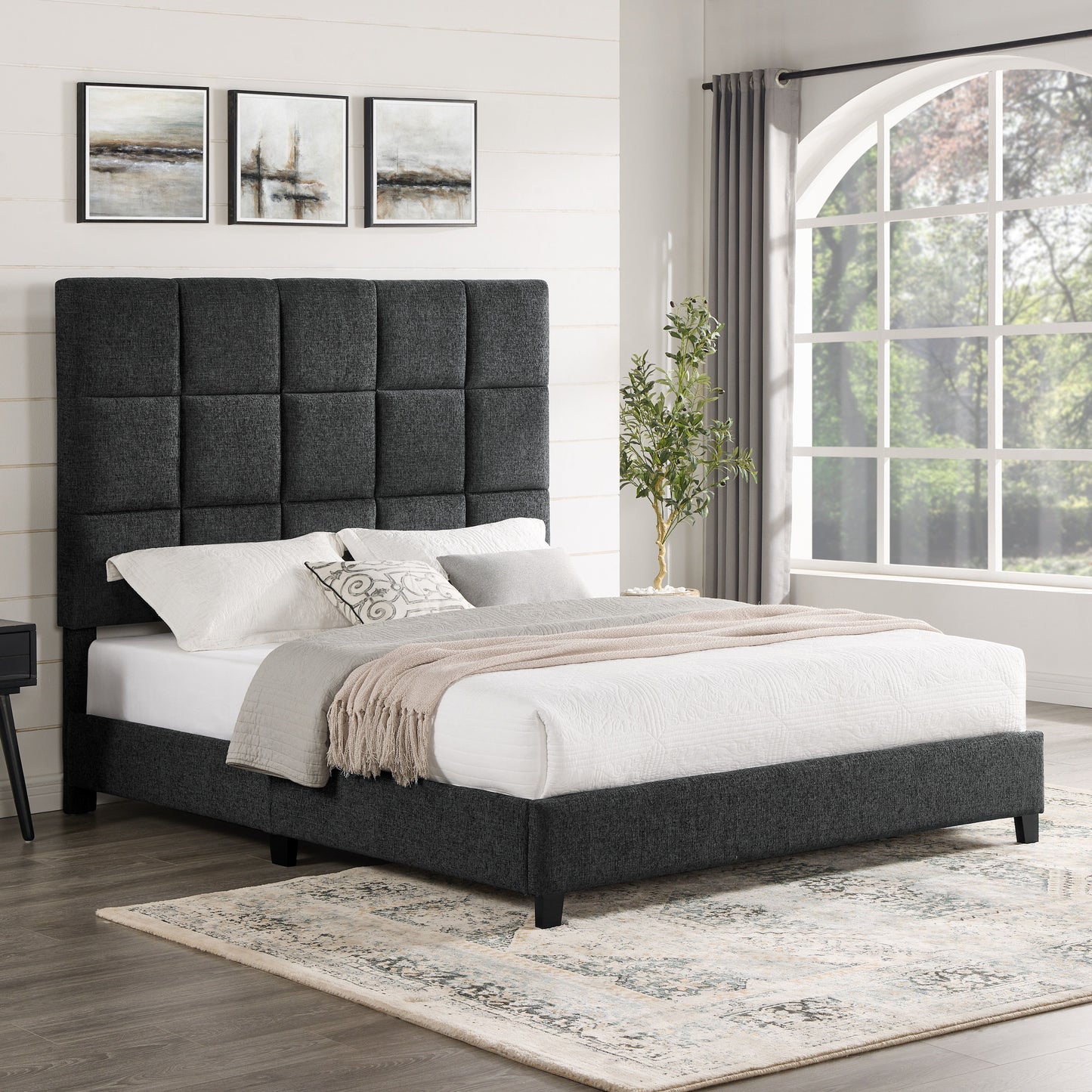 Queen Size Gray Squares Upholstered Platform Bed