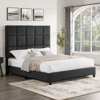 Queen Size Gray Squares Upholstered Platform Bed