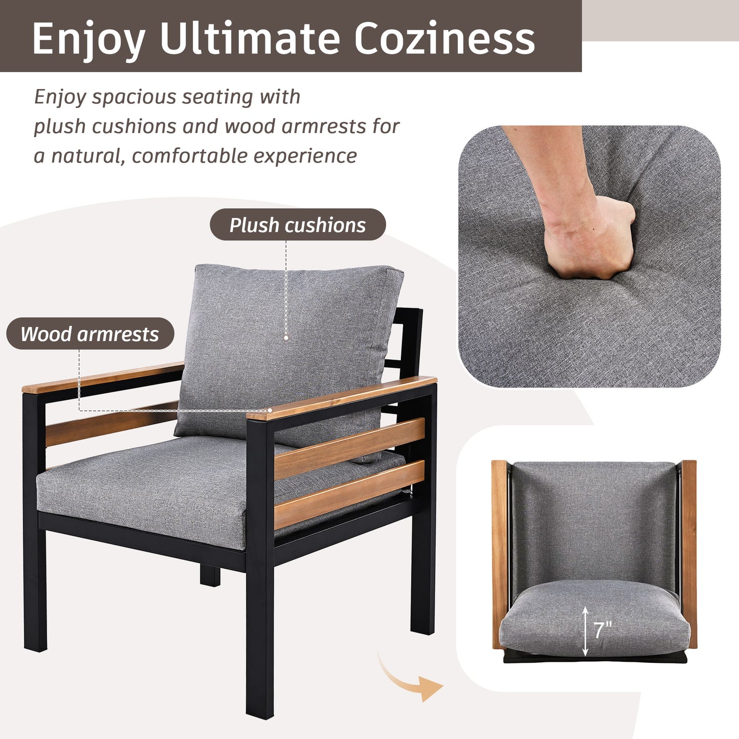 4 Piece Outdoor Furniture Sofa Set For 5 People With Acacia Wood Armrests, Patio Conversation Set With Removable Cushion And Solid Wood Coffee Table For Garden And Backyard - Gray