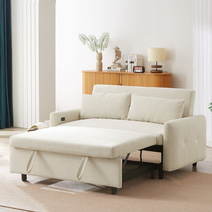 Pull Out Sofa Bed Convertible Couch 2 Seat Loveseat Sofa Modern Sleeper Sofa With 2 Throw Pillows And USB Ports For Living Room - Beige