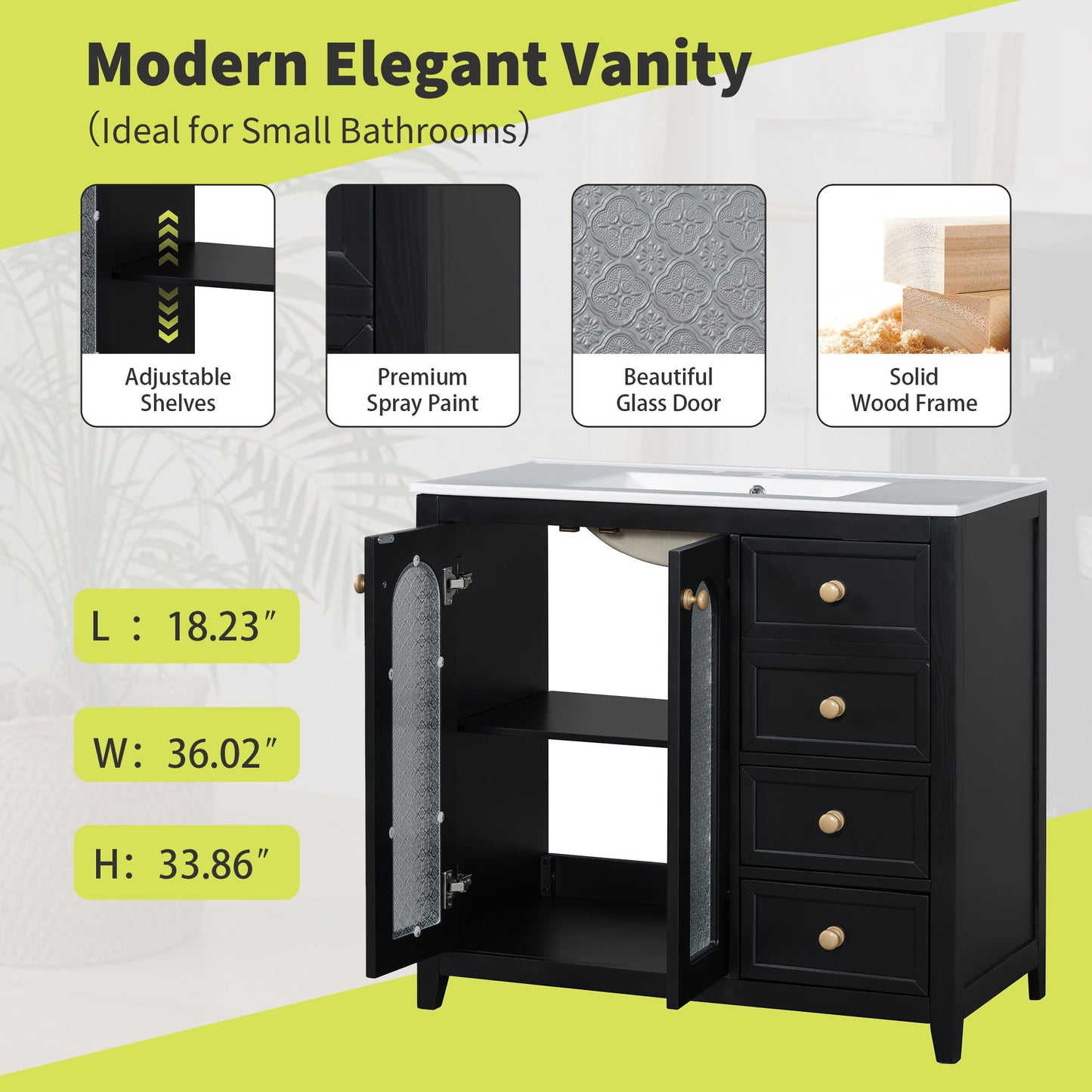 Bathroom Vanity With Two Soft Close Doors, Adjustable Shelves And Three Drawers - Black