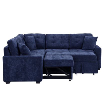 L-Shape Sofa Bed Pull-Out Sleeper Sofa With Wheels, USB Ports, Power Sockets For Living Room - Navy Blue