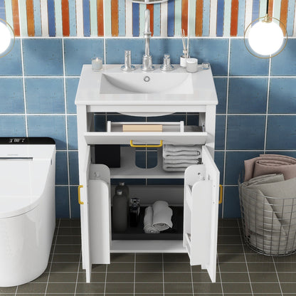 Bathroom Vanity Combo With Ceramic Sink, Luxurious Space-Saving Vanity, 2 Soft-Close Doors - Gold / White