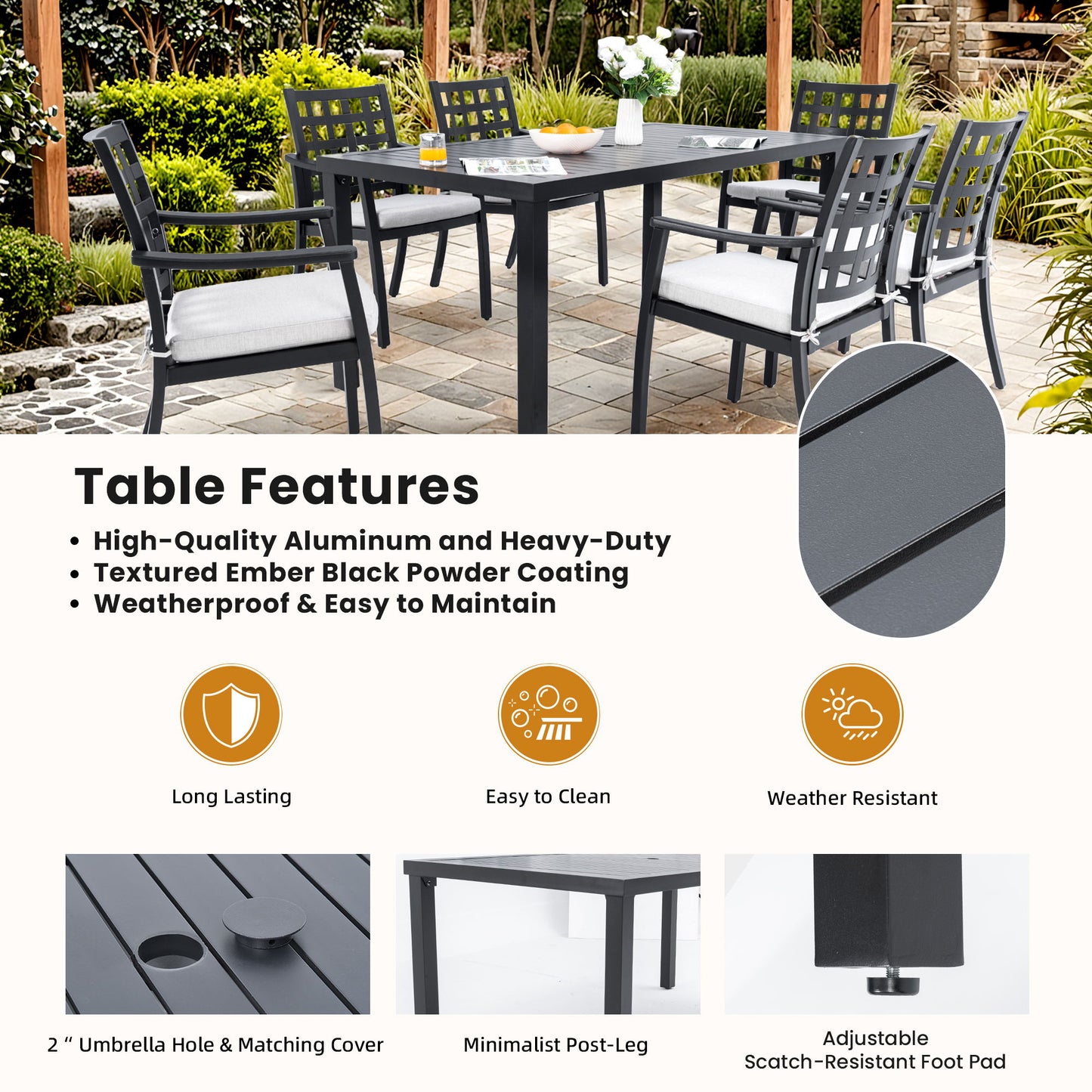 7 Pieces Modern Classic Outdoor Patio Dining Set With Rectangular Table, 6 Chairs, Cast, Sunbrella Cushions - Ember Black