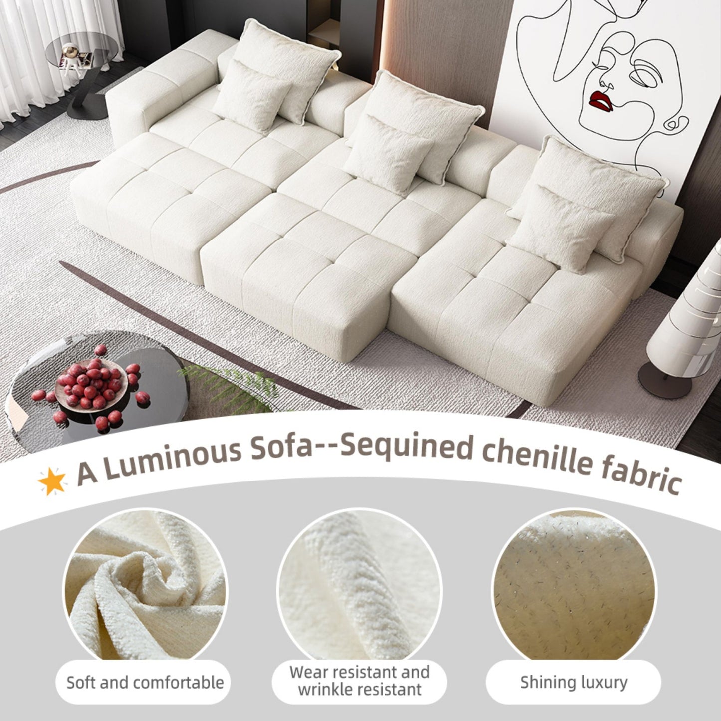Modern Oversized Modular Sectional Sofa, Sparkling Chenille Fabric Soft Cushion Sofa With 6 Pillows, 6 Pieces Diy Combination Tufted Sofa, No Assembly Required - Beige