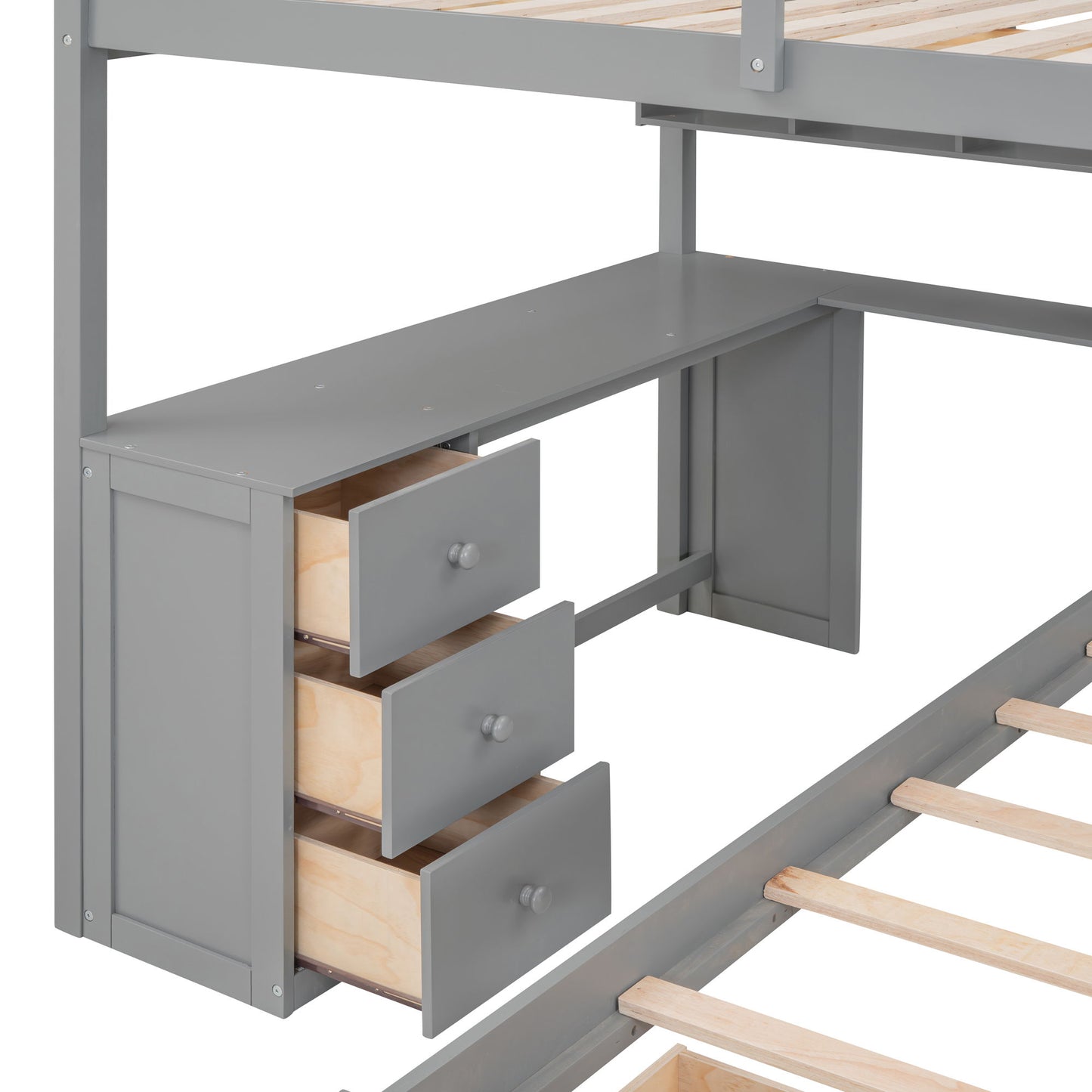 Full Over Twin Bunk Bed With Desk, Drawers And Shelves - Gray