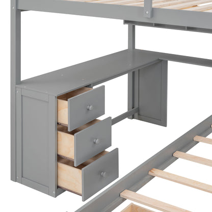 Full Over Twin Bunk Bed With Desk, Drawers And Shelves - Gray