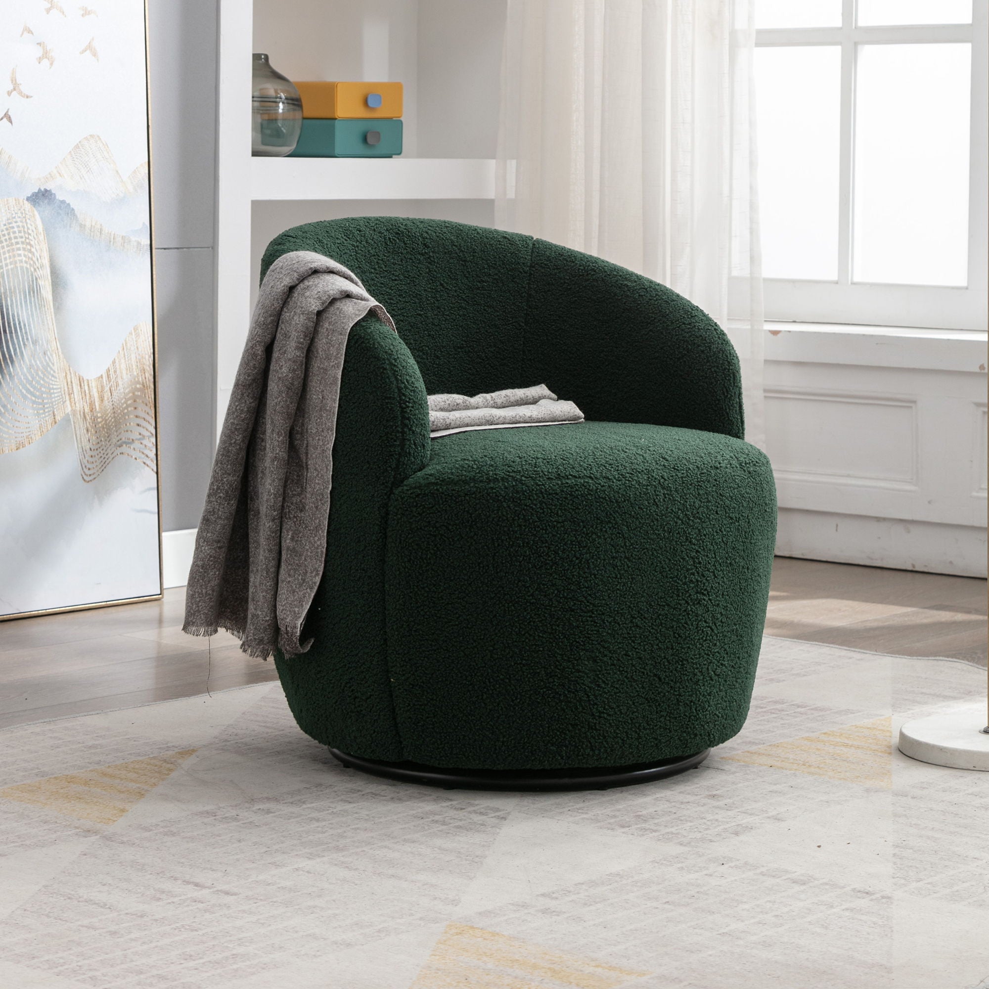 Teddy Fabric Swivel Accent Armchair Barrel Chair With Black Powder Coating Metal Ring - Dark Green