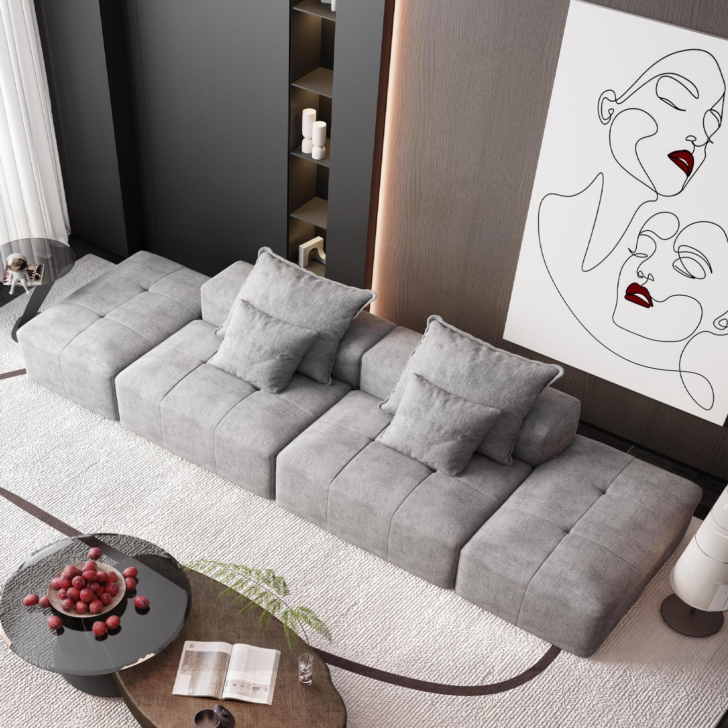 Modern Oversized Modular Sectional Sofa With 2 Ottoman And 2 Seat, Sparkling Chenille Fabric Soft Cushion Sofa With 4 Pillows, 4 Pieces Diy Combination Tufted Sofa, No Assembly Required - Gray