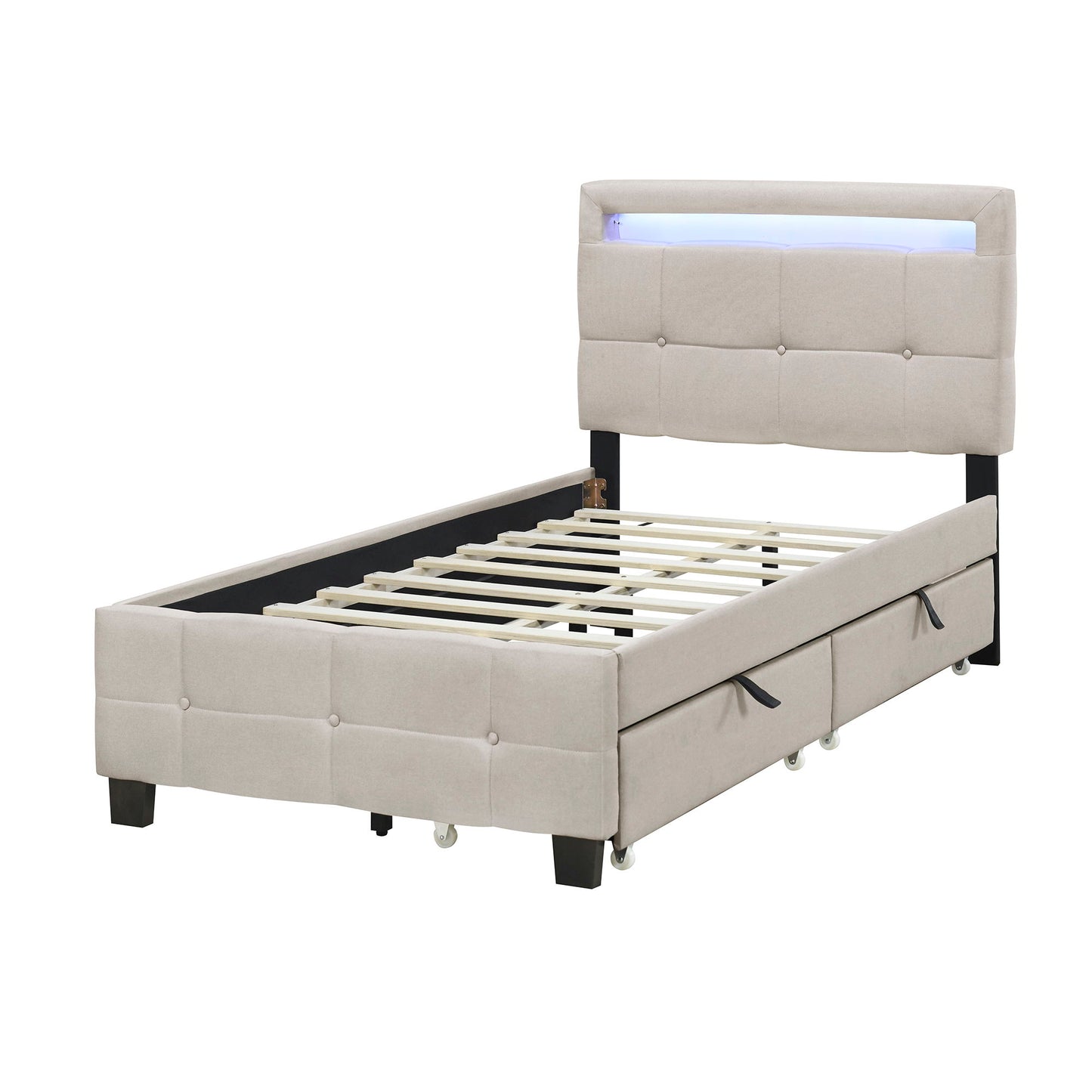 Twin Size Upholstered Platform Bed With LED Frame And 2 Drawers - Beige