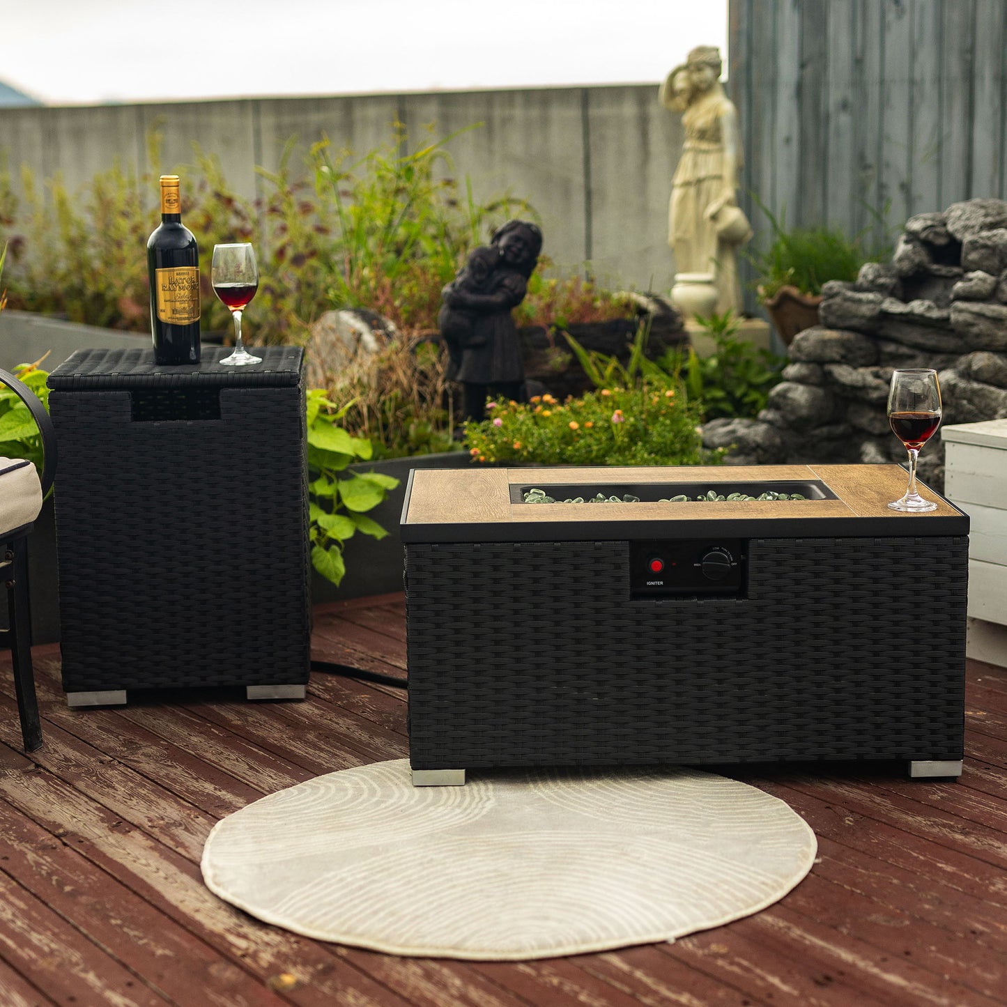 32" Propane Gas Fire Pit Table With Propane Tank Cover, 50000 Btu Rectangular Steel Fire Pit With Beautiful Wicker Base For Outside Garden - Dark Gray