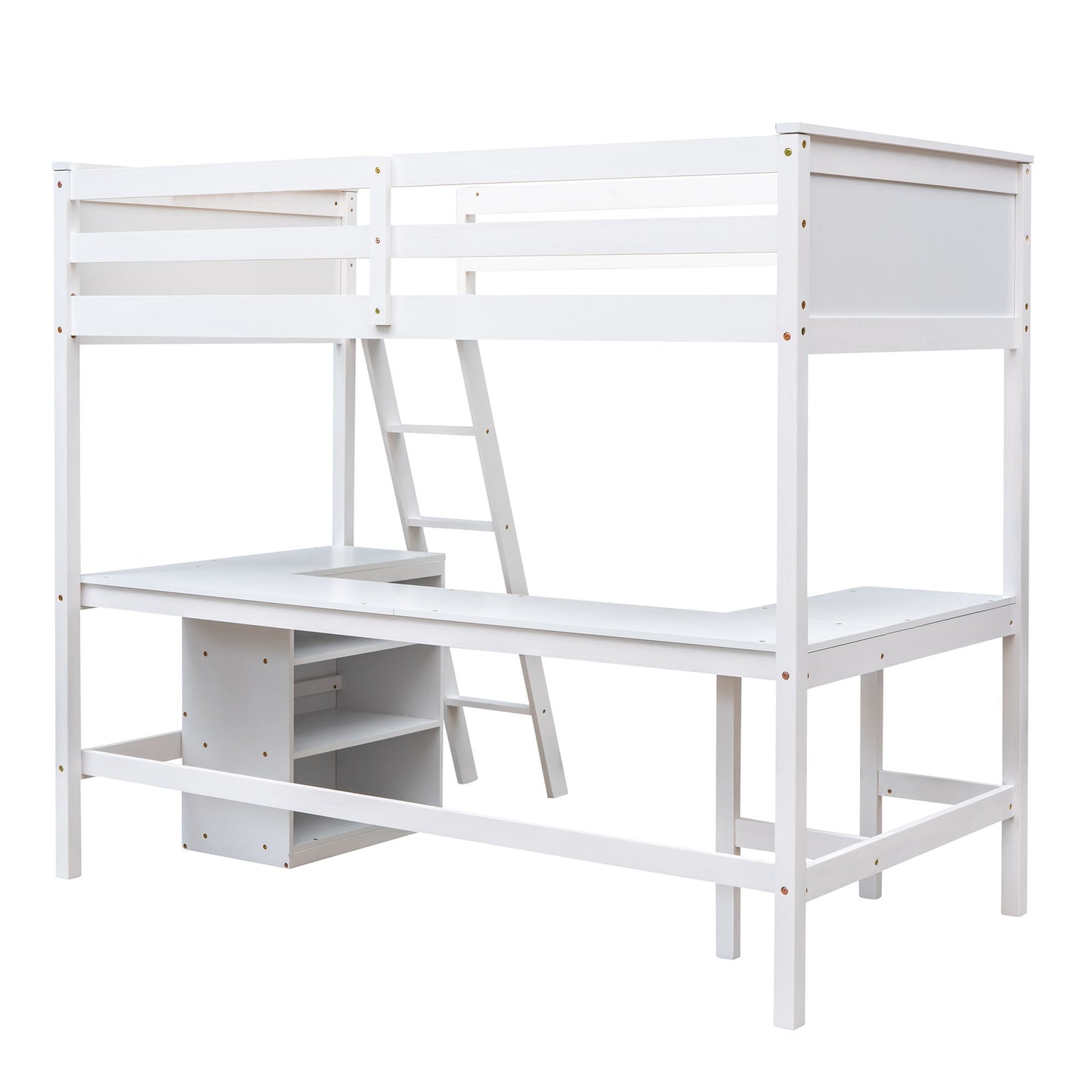 Twin Size Loft Bed With Shelves With Desk - White
