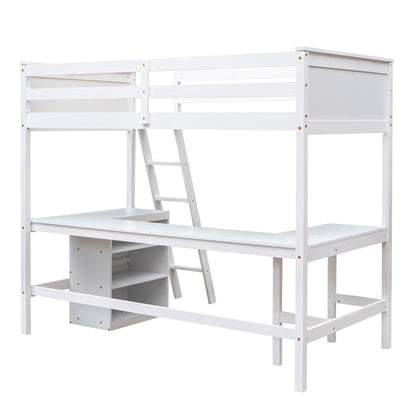 Twin Size Loft Bed With Shelves With Desk - White