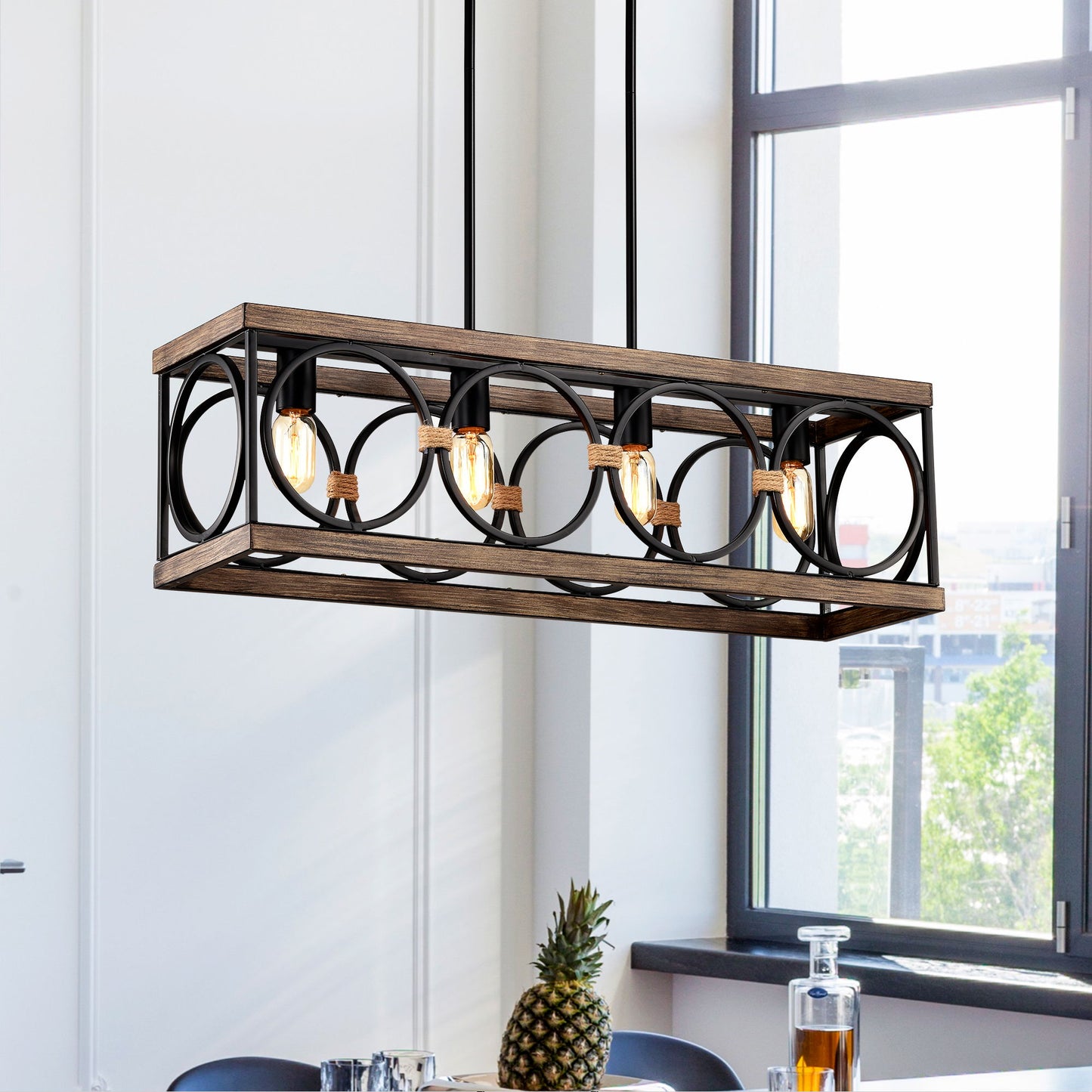 4 Light (Bulb No Included) Farmhouse Rectangle Pendant Light, Wood Texture Vintage Rustic Chandeliers Metal Industrial Hanging Light Fixtures For Kitchen, Entryway, Dining Room - Black / Natural