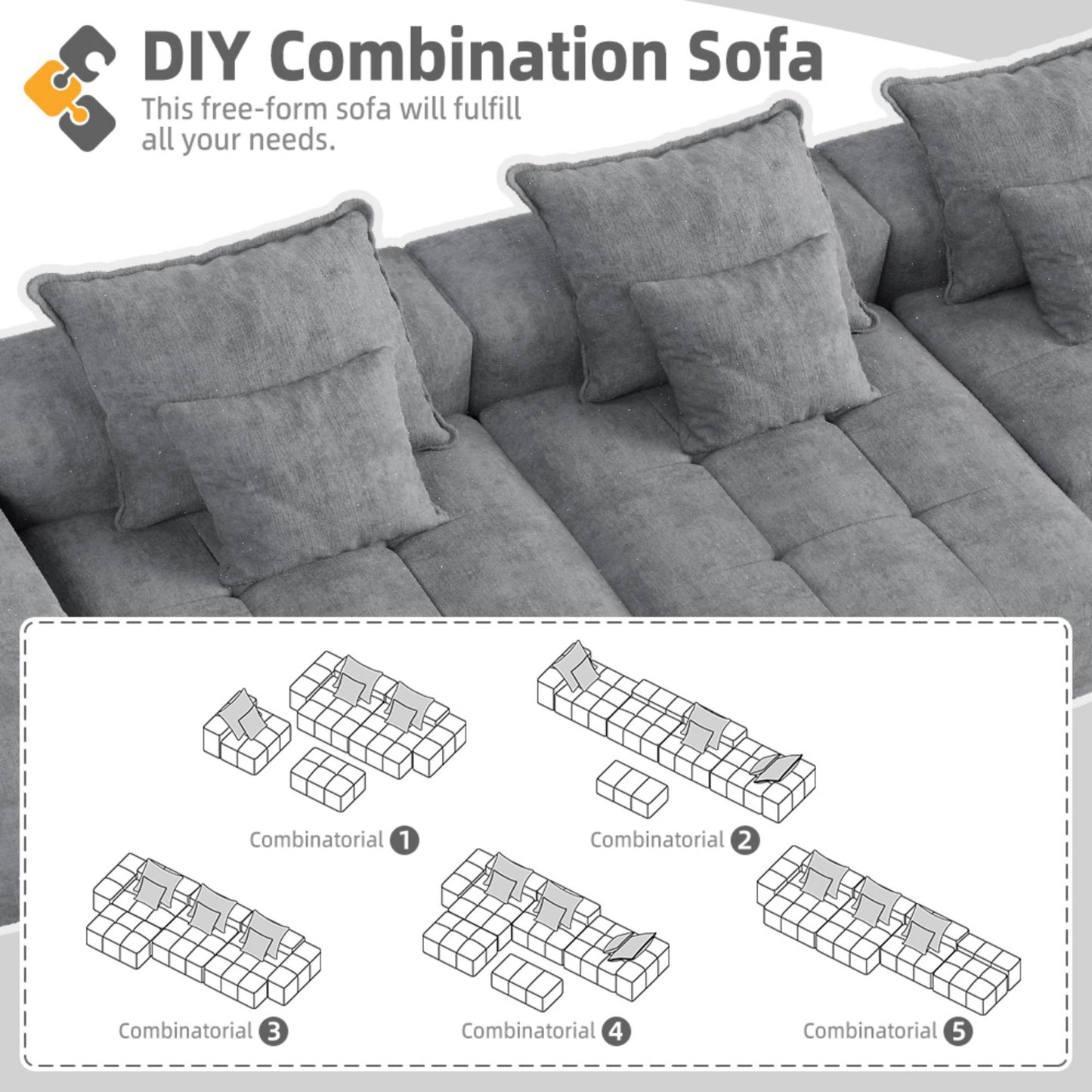 Modern Oversized Modular Sectional Sofa, Sparkling Fabric Soft Cushion Sofa With 6 Pillows, 6 Pieces Diy Combination Tufted Sofa, No Assembly Required - Gray