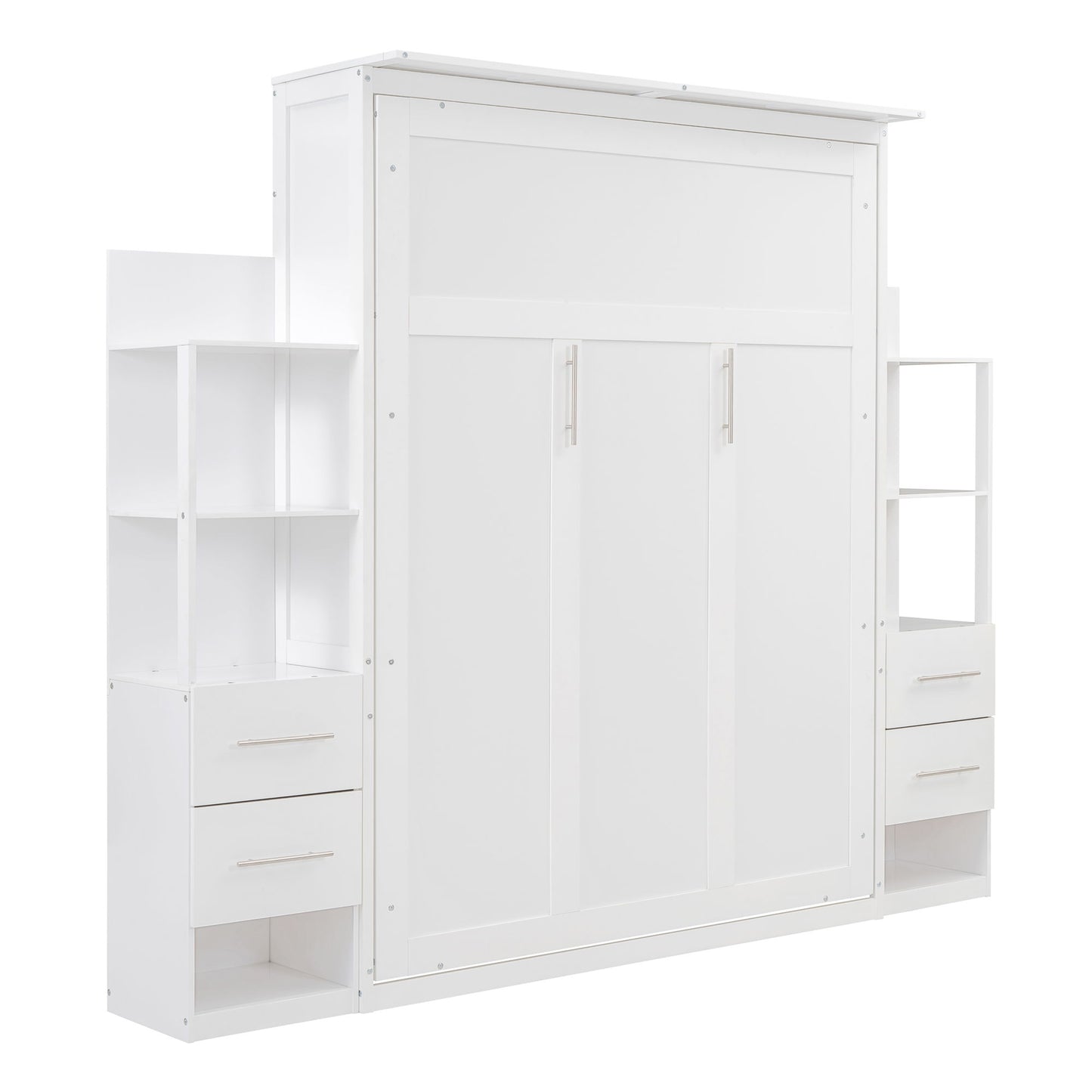 Queen Size Murphy Wall Bed With Shelves, Drawers And LED Lights - White
