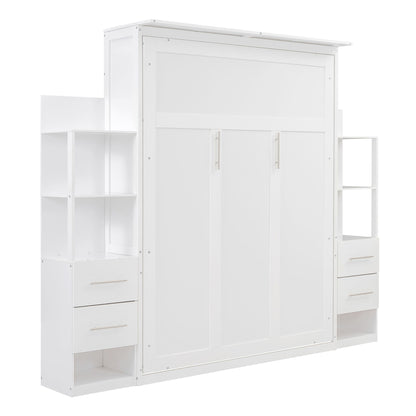 Queen Size Murphy Wall Bed With Shelves, Drawers And LED Lights - White