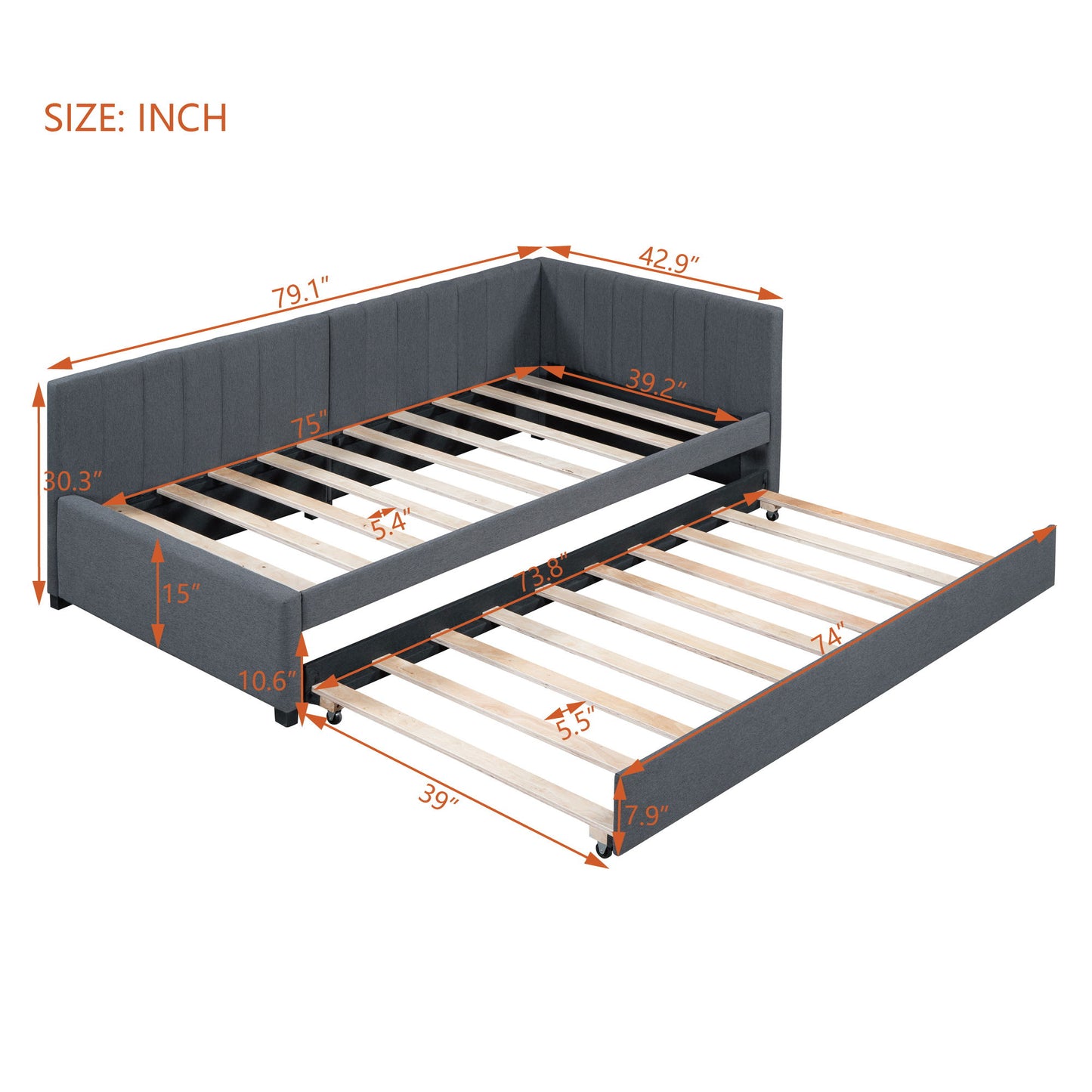 Upholstered Daybed With Trundle Twin Size Sofa Bed Frame No Box Spring Needed, Linen - Gray