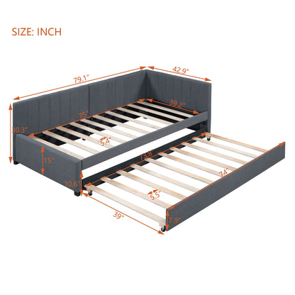 Upholstered Daybed With Trundle Twin Size Sofa Bed Frame No Box Spring Needed, Linen - Gray
