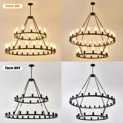 Extra Large Wagon Wheel Chandelier, 2 Tier 36 Lights (No Include) Farmhouse Industrial Round High Ceiling Pendant Light Adjustable Chain, For Dining Room, Living Room, Kitchen - Black
