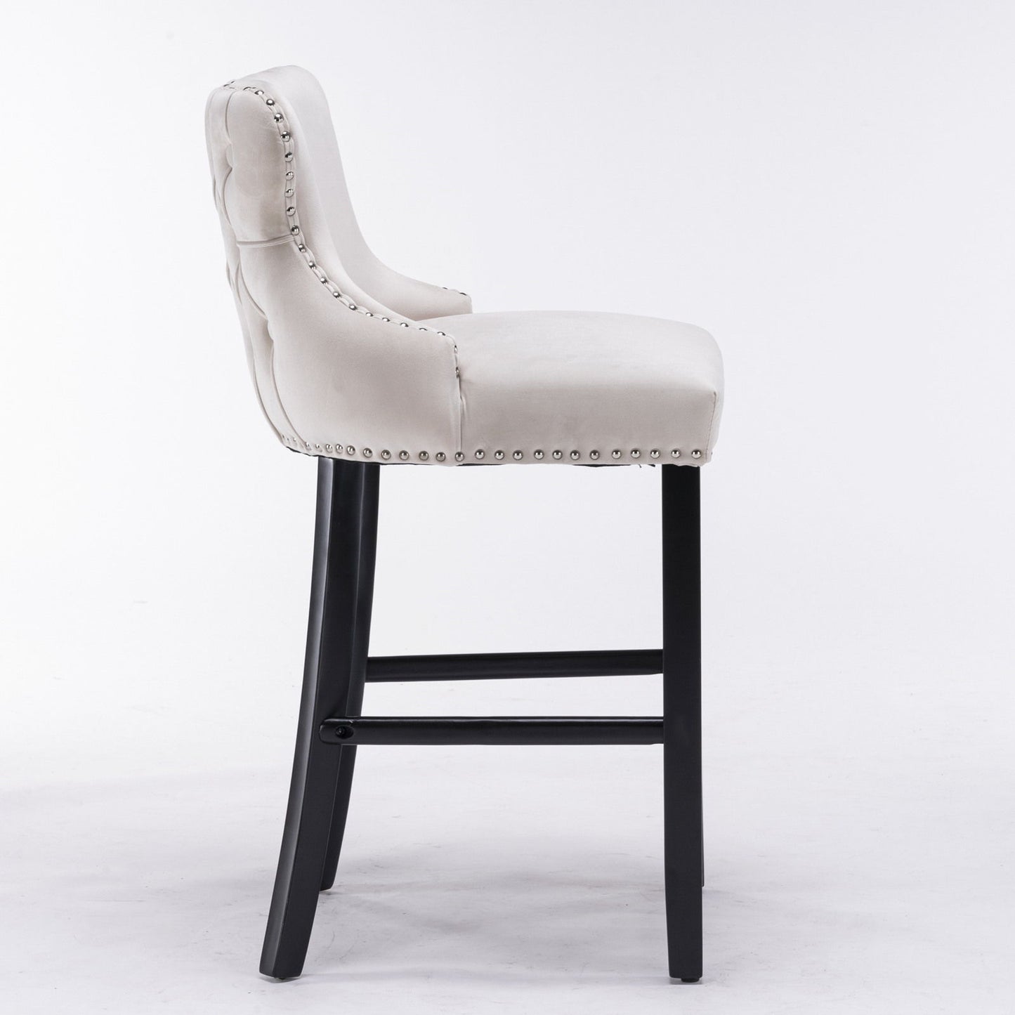Contemporary Velvet Upholstered Wing-Back Barstools With Button Tufted Decoration And Wooden Legs, And Chrome Nailhead Trim, Leisure Style Bar Chairs, Bar Stools (Set of 4) - Beige