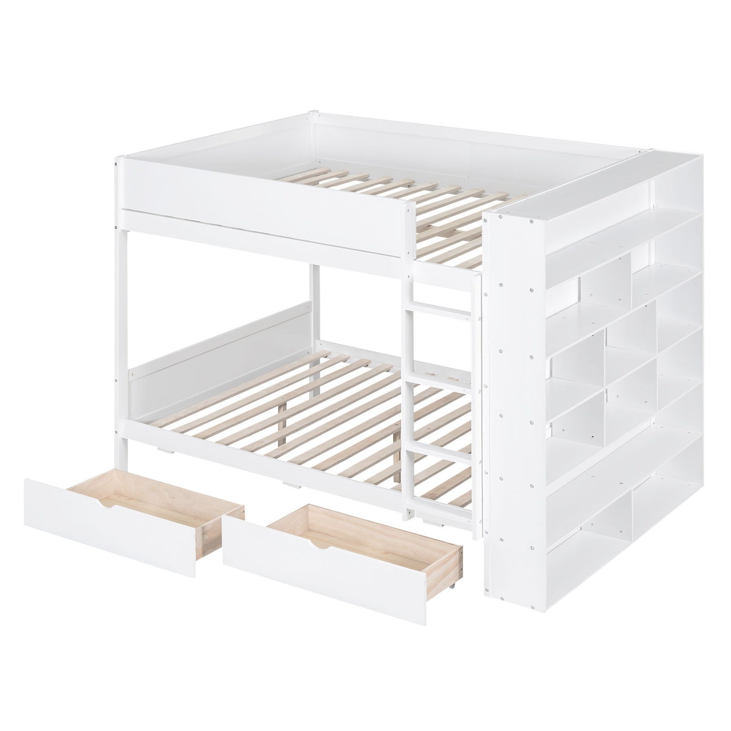 Full Over Full Bunk Bed With 2 Drawers And Multi-Layer Cabinet - White